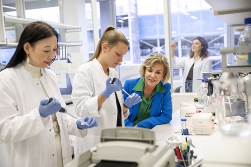 Schaefer’s lab team prepares samples for mass spectrometry. Schaefer says she’s excited that they will soon know all the binding partners of the newly identified autophagy receptor.