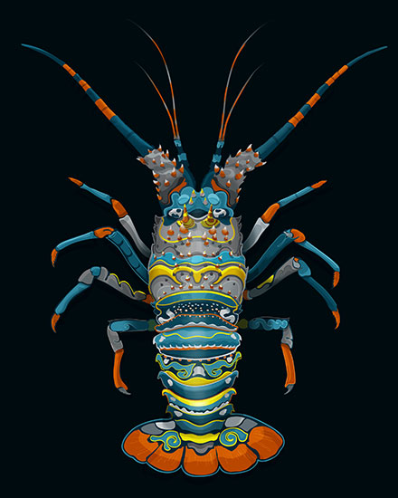 A drawing of a lobster in blue and gray with orange and yellow highlights