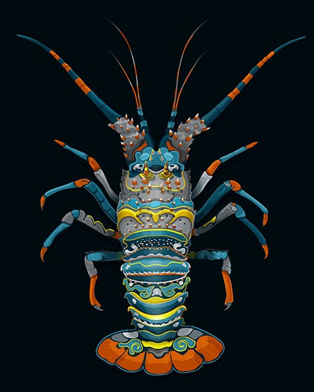 A drawing of a lobster in blue and gray with orange and yellow highlights