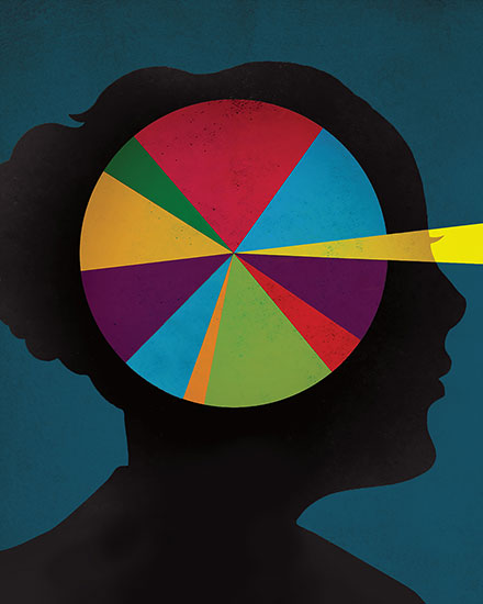 A silhouette of a side profile. Inside the silhouette is a wheel or pie chart of different colors. The person's eyes emit a yellow ray.