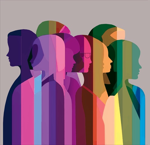 A collage of many different silhouettes striped with colors that echo but are not exactly the trans pride flag and other complementary colors.